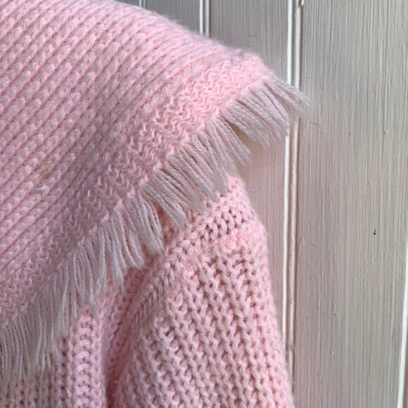 Vintage Pink Chunky Knit Ribbed Sailor Fringed Collar Cardigan Pearl Buttons - M - Picture 10 of 15